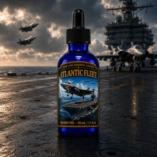 Atlantic Fleet Beard Oil bottle on an aircraft carrier deck