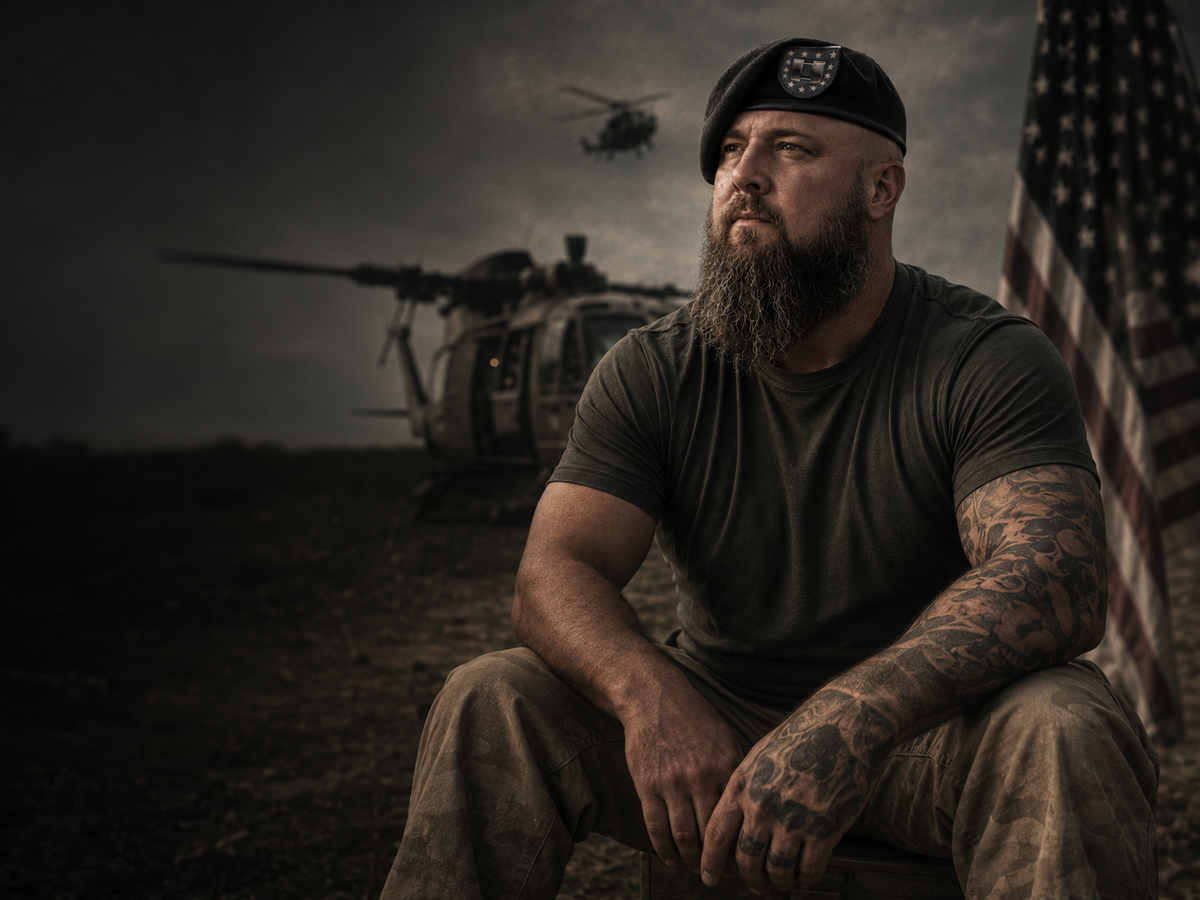 Founder of Drop Zone Grooming Company in military-inspired portrait