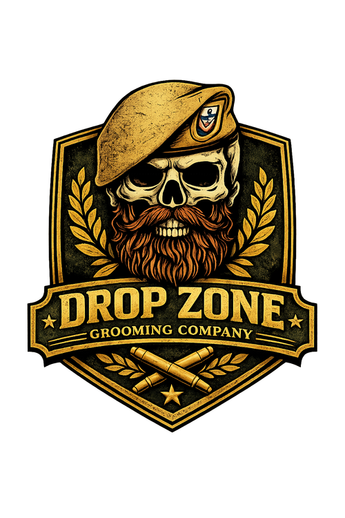 Drop Zone Grooming Company skull and beret logo